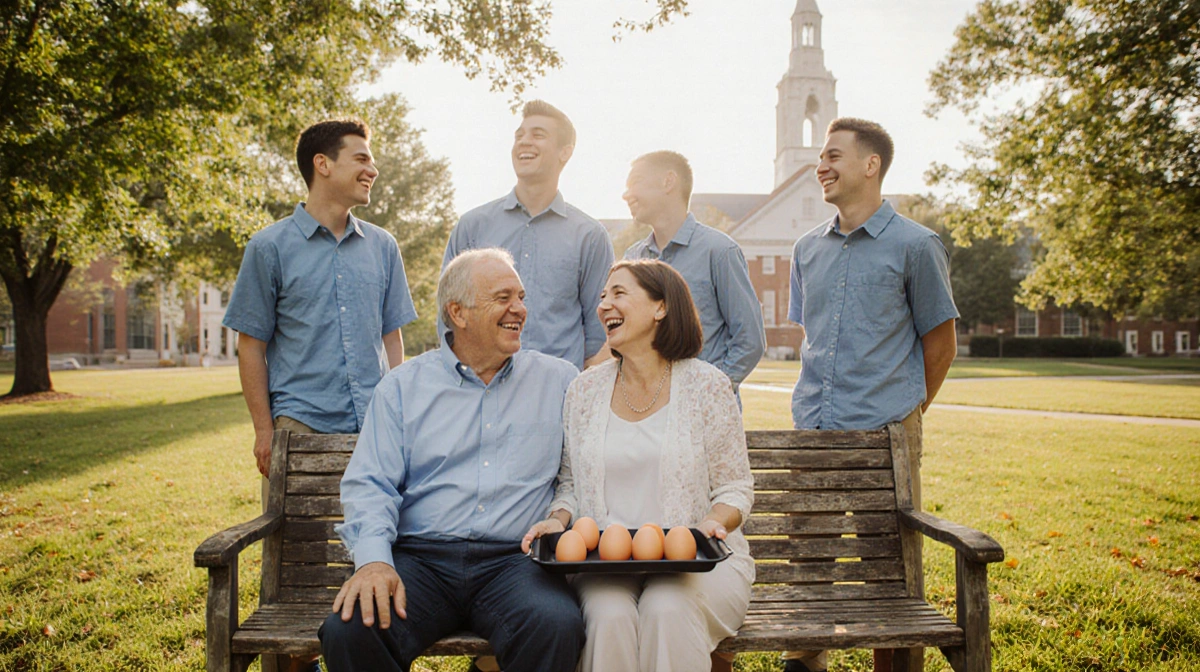 Mark and Aimee Maye laugh on a wooden bench with their four sons standing behind them near UNC campus