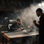 Drake hovering fingers over the mixing board with a smoky recording studio and walls lined with vinyl records