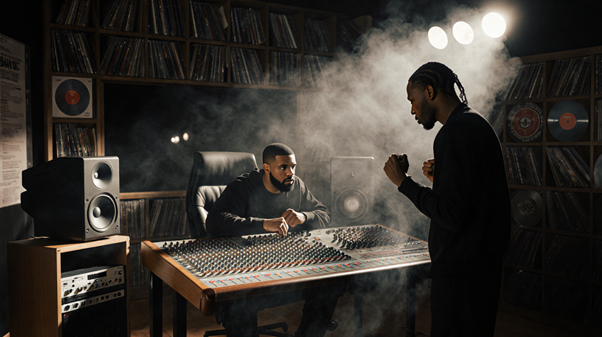 Drake hovering fingers over the mixing board with a smoky recording studio and walls lined with vinyl records