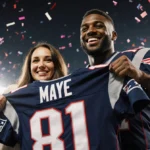 Drake Maye smiling while holding his Patriots jersey with his wife beside him and confetti falling