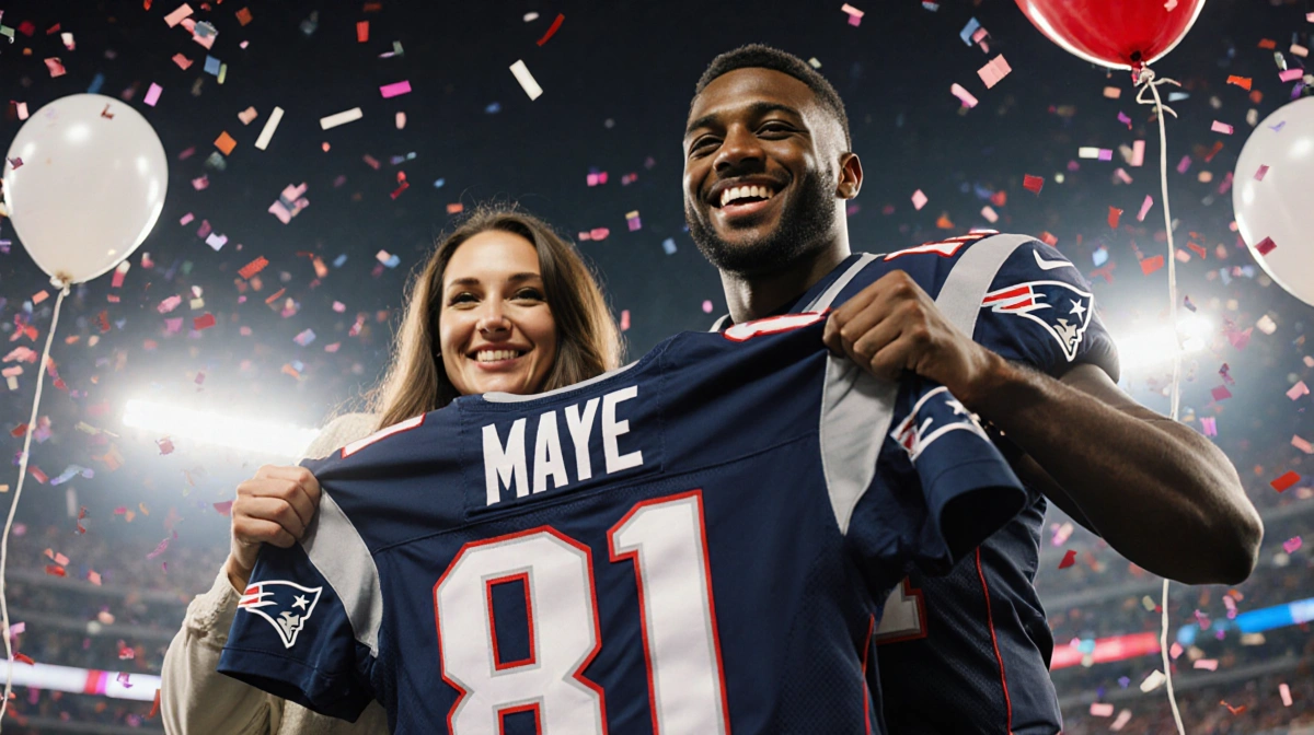 Drake Maye smiling while holding his Patriots jersey with his wife beside him and confetti falling