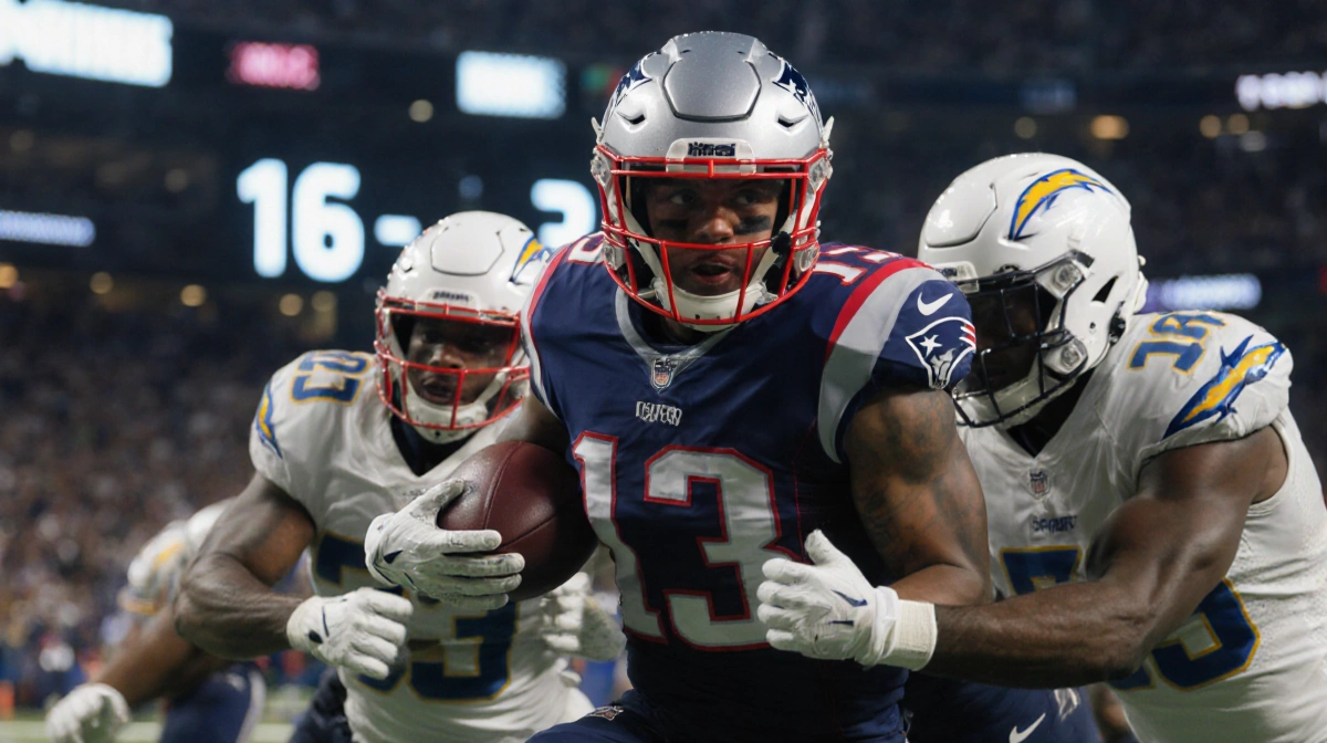 Drake Maye throwing under pressure with Chargers defenders closing in and Patriots leading 16-3 on scoreboard