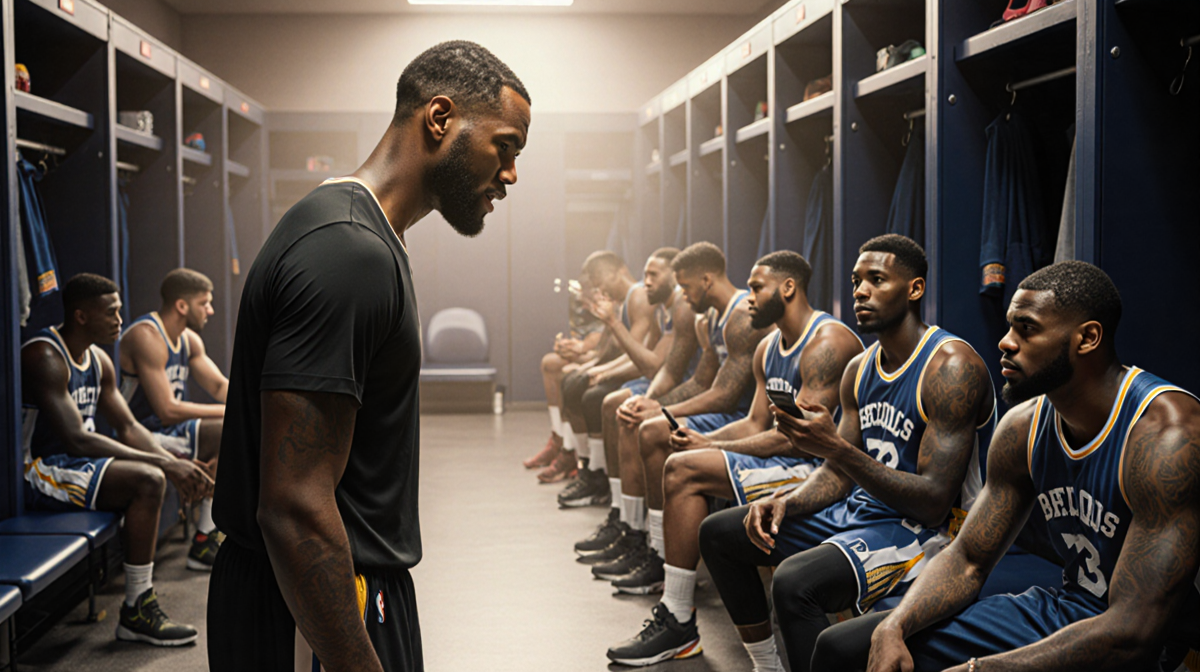 Draymond Green standing in dim locker room with Jimmy Butler talking and teammates watching.
