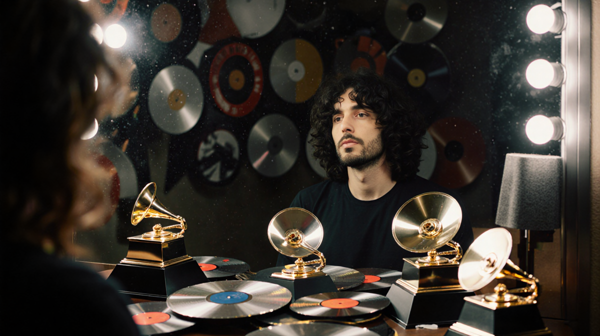 Mirror reflecting a person with Grammy Awards and platinum records in a dressing room illuminated by a spotlight.