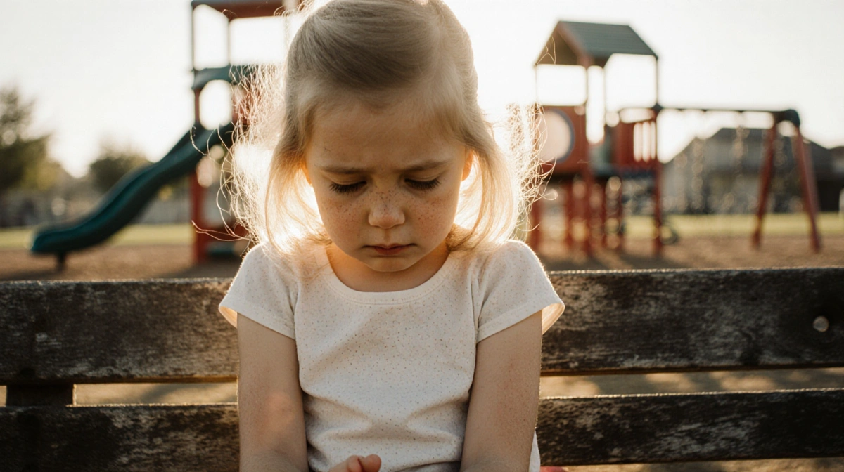 Young Drew Barrymore sits alone on wooden bench with head down and playground blurred behind her