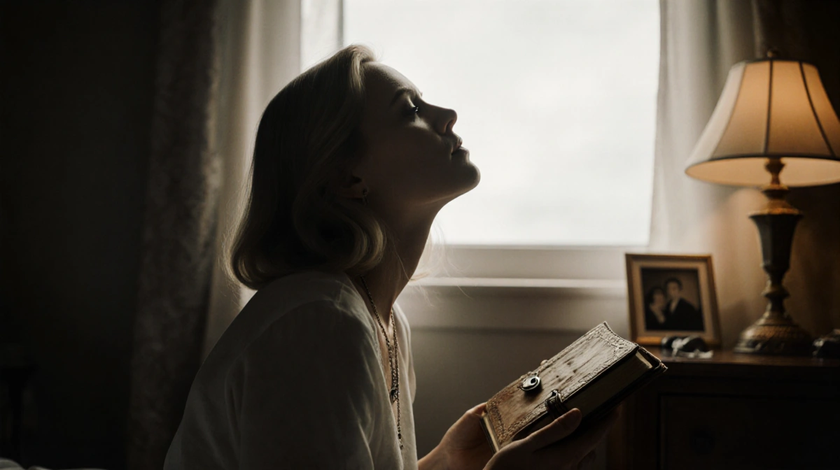 Drew Barrymore sits by window with journal and locket gazing thoughtfully at sky