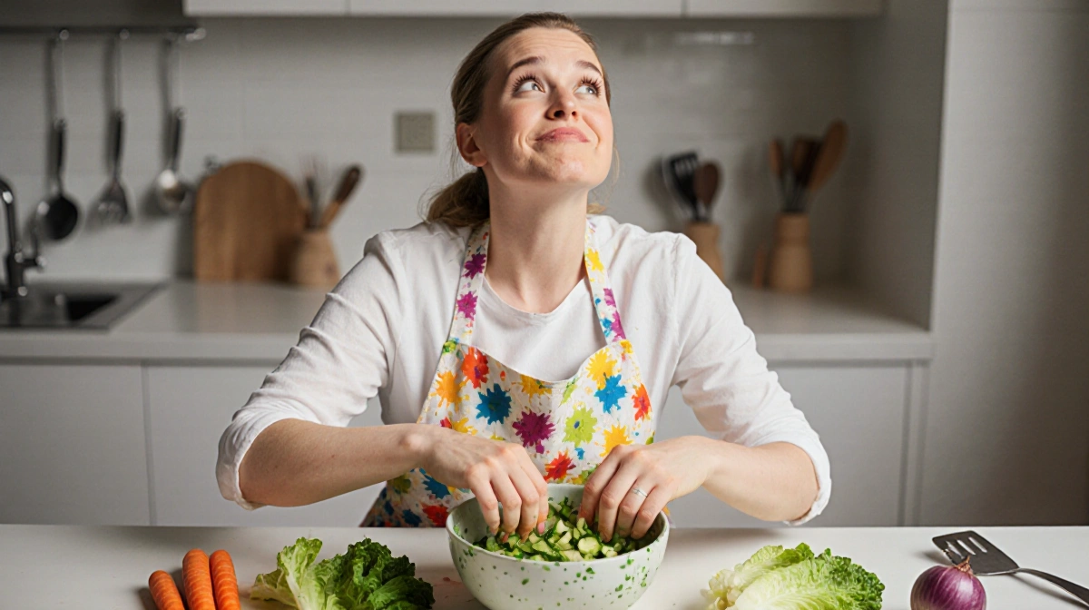 Drew Barrymore mixing chopped vegetables with carrots and onions while wearing a colorful cooking apron