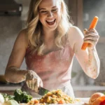 Drew Barrymore chopping colorful vegetables with flour-covered hands and natural light highlighting her joyful smile