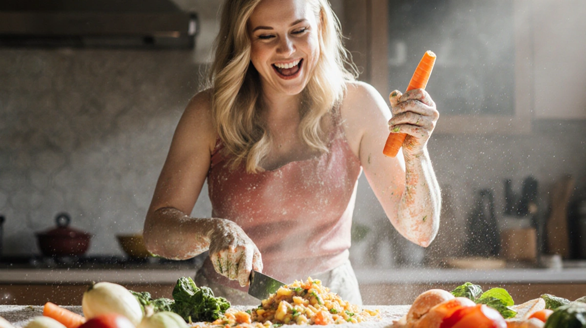 Drew Barrymore chopping colorful vegetables with flour-covered hands and natural light highlighting her joyful smile
