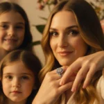 Drew Barrymore wearing delicate silver ring holds daughters close with golden sunset and nature behind