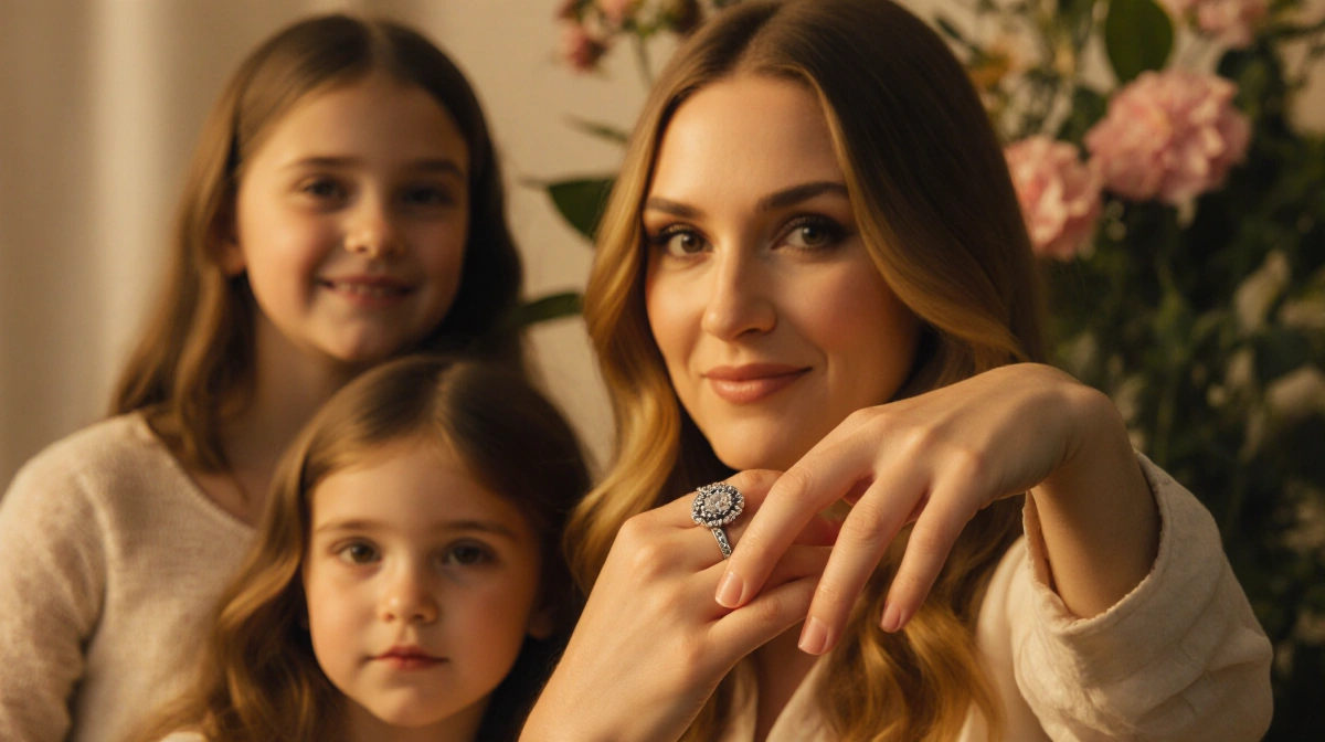Drew Barrymore wearing delicate silver ring holds daughters close with golden sunset and nature behind