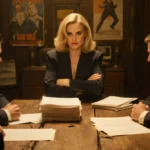 Drew Barrymore sits confidently across from studio executives with scripts scattered on desk and vintage film posters behind