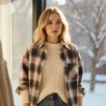 Drew Barrymore wearing pastel plaid shirt with cable-knit sweater collar over a snowy winter wonderland backdrop