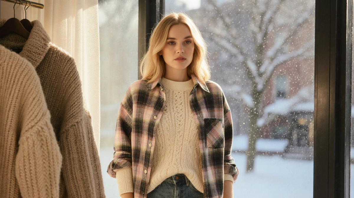 Drew Barrymore wearing pastel plaid shirt with cable-knit sweater collar over a snowy winter wonderland backdrop