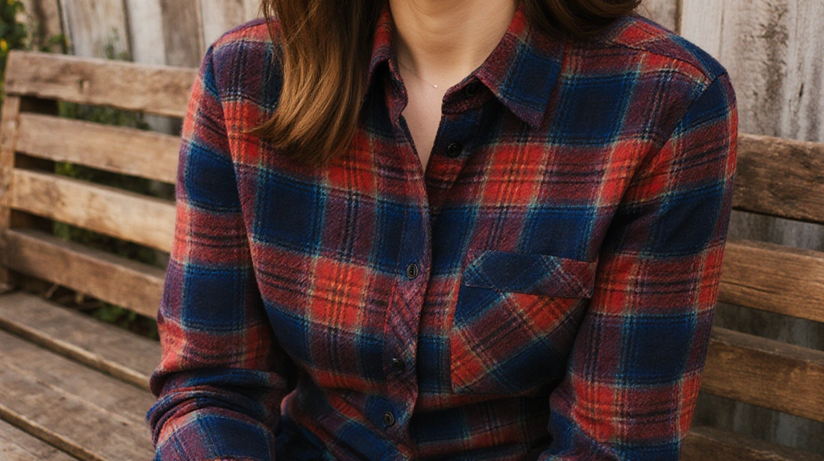 Drew Barrymore wearing KevaMolly Plaid Flannel Button-Up shirt with vivid colors and subtle plaid variations on wooden bench