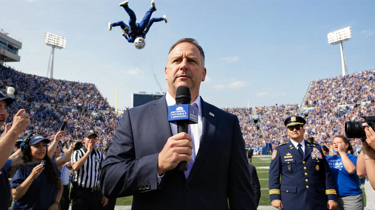 Drew Harris announcing Armed Forces Bowl with megaphone and crowd in stadium behind end zone and skydiver landing