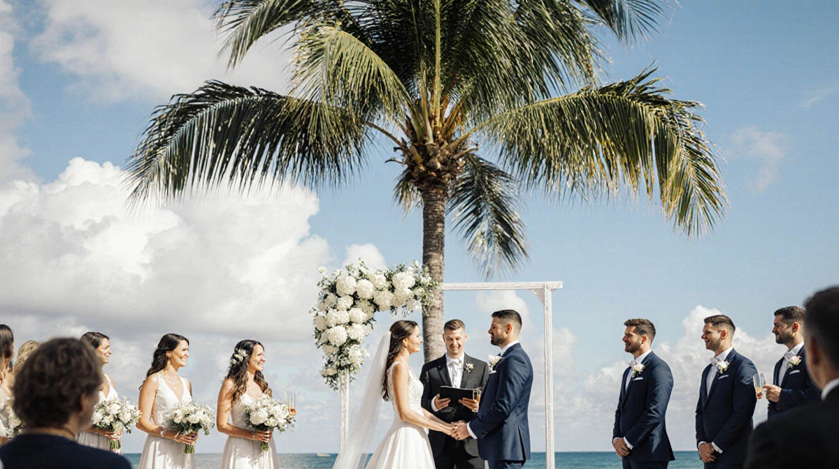 Drew Lock and bride exchanging vows under palm tree with white flowers and guests celebrating