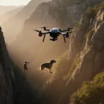 Aerial view of canyoneer scanning canyon with binoculars while lost dog emerges from haze showing rescue discovery