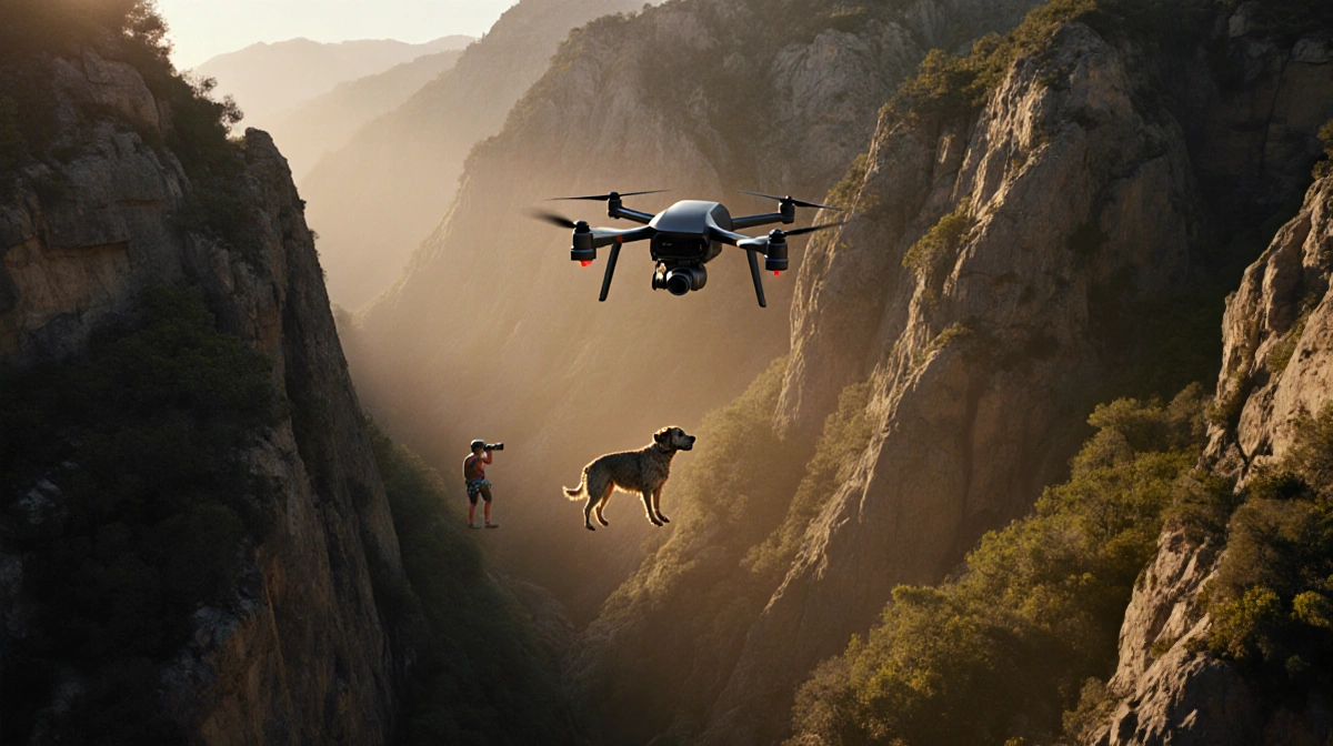 Aerial view of canyoneer scanning canyon with binoculars while lost dog emerges from haze showing rescue discovery