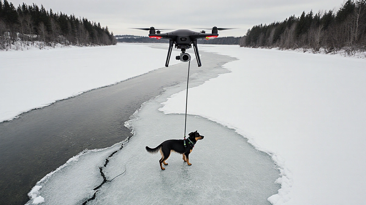 Drone hovering over icy river with a small dog standing on cracked ice and cable trailing down