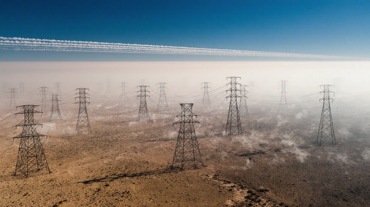 Power lines stretch across cracked desert land with heat waves distorting towers under blue sky