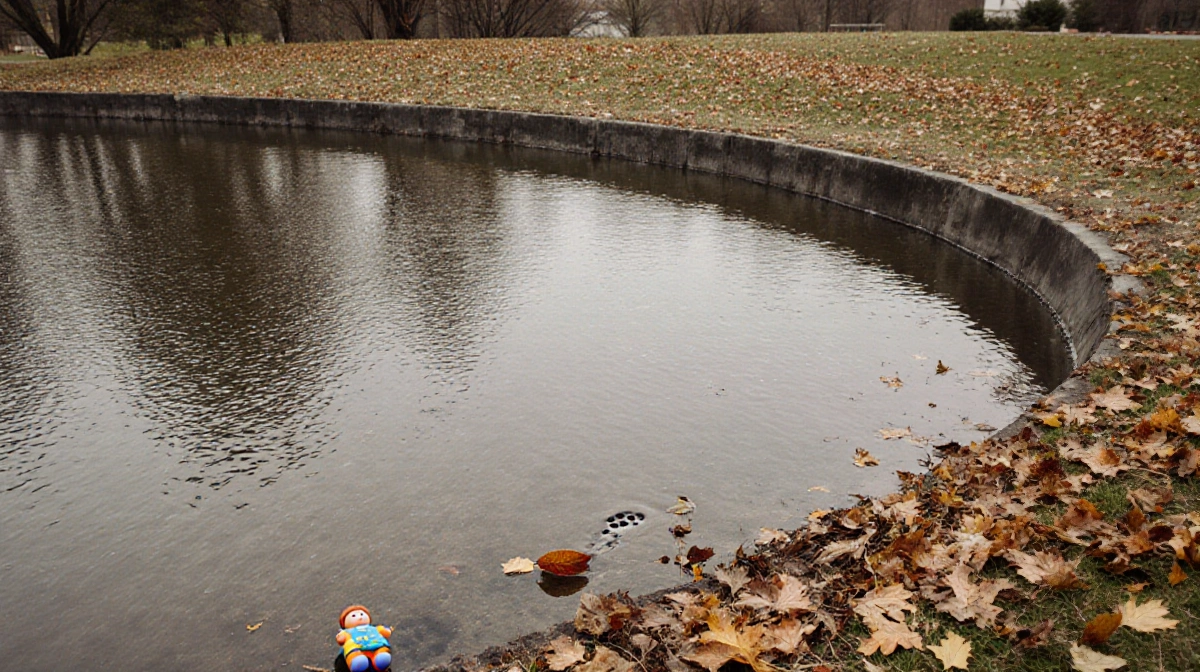Stormwater fills dry detention pond with autumn leaves floating near child's toy showing unexpected flooding