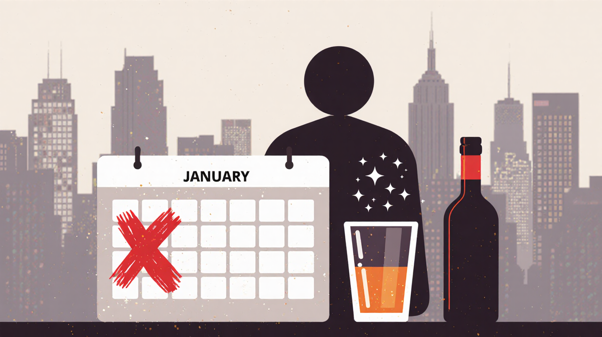 Person standing beside a calendar with a red X on January with a glass and bottle of alcohol on a table and sparkles around d