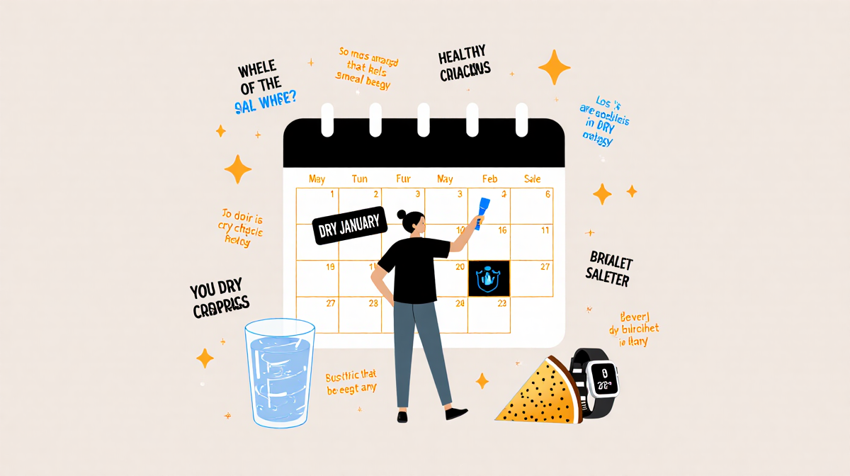 Person standing before planner with Dry January sticker and a glass of water beside encouraging wellness.