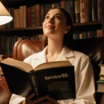 Dua Lipa reading Service95 book with warm lamplight and leather books surrounding her in cozy library