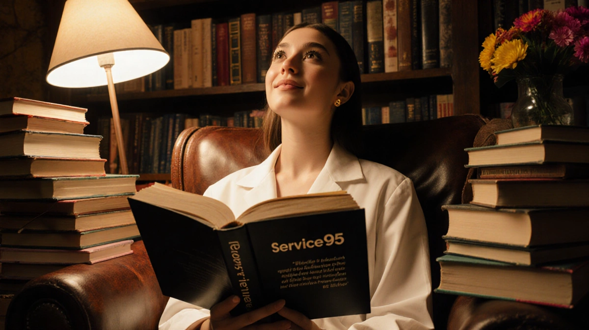 Dua Lipa reading Service95 book with warm lamplight and leather books surrounding her in cozy library