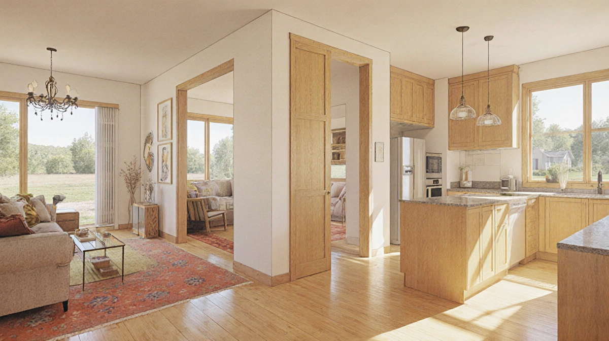 Two-home ranch house shows open floor plan with shared wall and warm lighting separating living space from cozy guest quarter