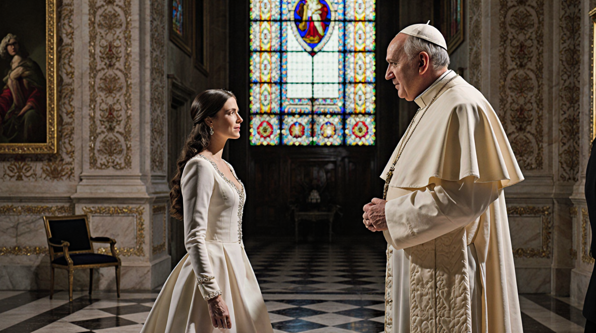 Grand Duchess Stephanie walking towards Pope Leo XIV with white attire and a stained-glass window showing royalty and piety