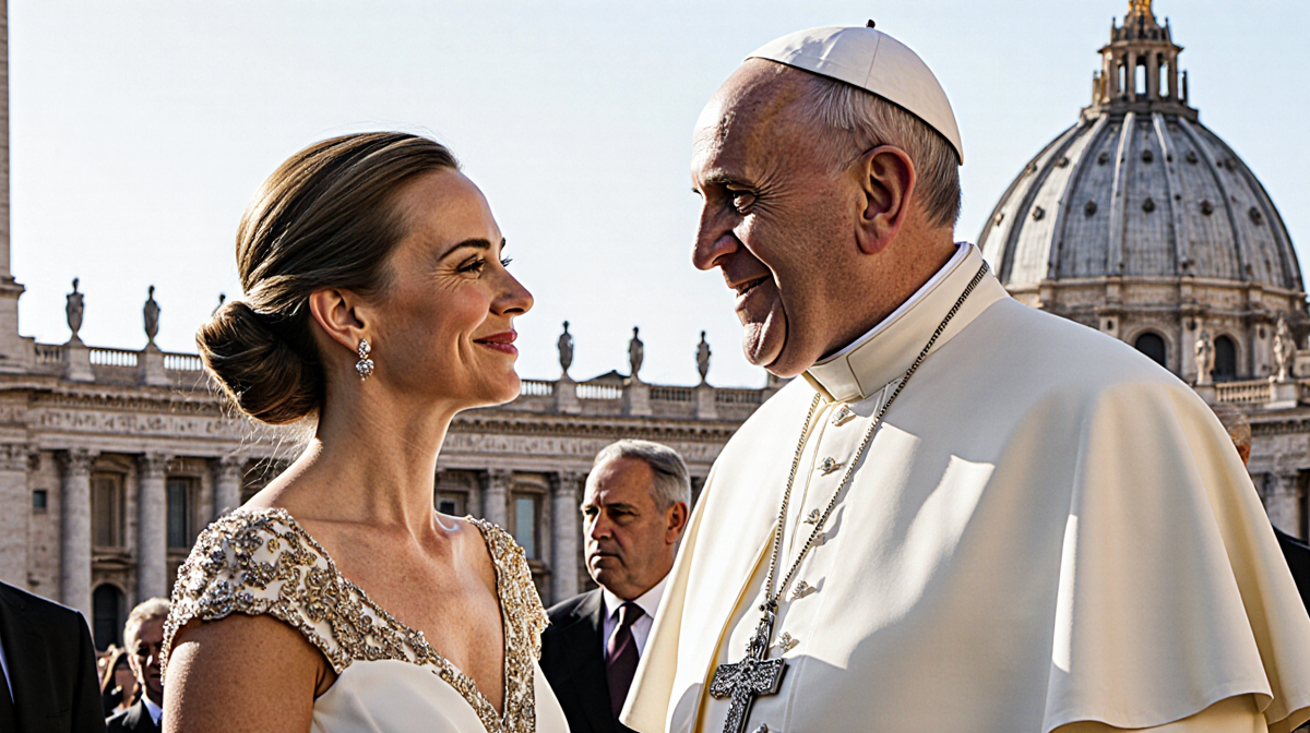 Grand Duchess Stephanie stands beside Pope Francis with light illuminating their faces and Vatican architecture behind them.