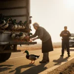 Elderly woman gently guiding rescued duck into van with hundreds of ducks escaping truck and rescue team nearby
