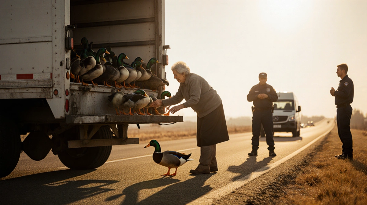 Elderly woman gently guiding rescued duck into van with hundreds of ducks escaping truck and rescue team nearby