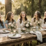 Five sisters laughing together at rustic wooden table with fresh flowers and soft outdoor light