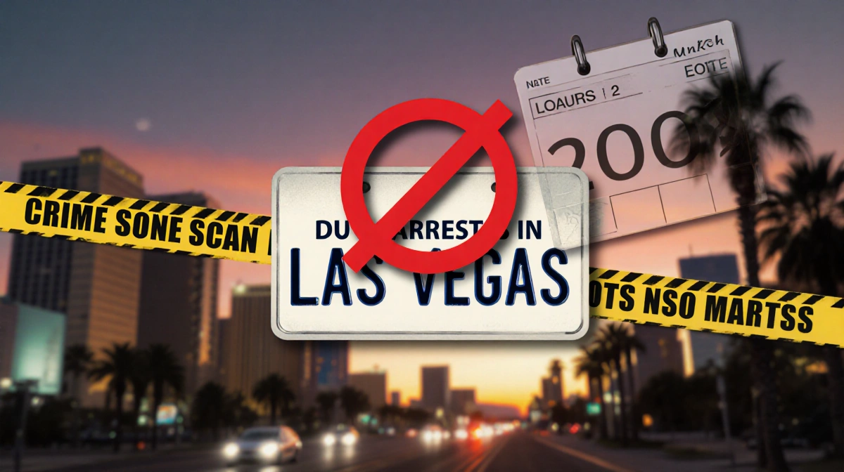 License plate marked with red X showing DUI arrest warning with Las Vegas sunset and crime tape