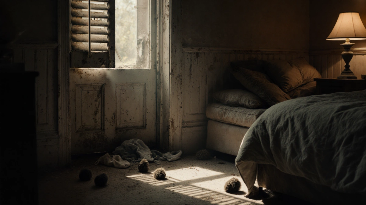 Dusty shutter opens slightly with warm lamplight revealing cluttered room and grime-covered baseboards