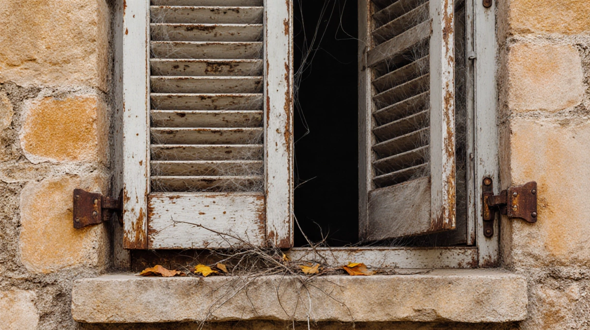 A weathered wooden shutter hangs ajar with rusty hinges and faded paint showing years of neglect
