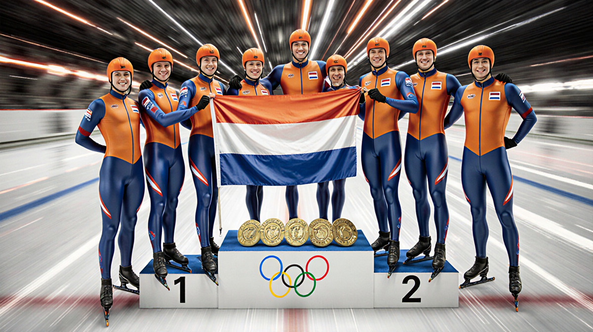 Dutch speed skating team proudly holding the national flag with motion lines and Olympic medals in background
