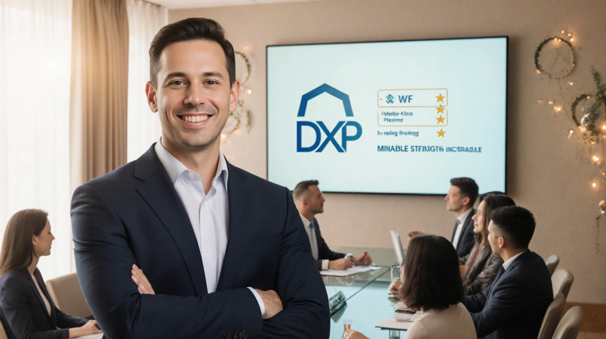 CEO presenting company growth data with logo on screen and industry leaders in conference room