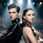 Dylan Mulvaney and Abigail Barlow stand back-to-back in Six costumes with Broadway spotlights shining behind them