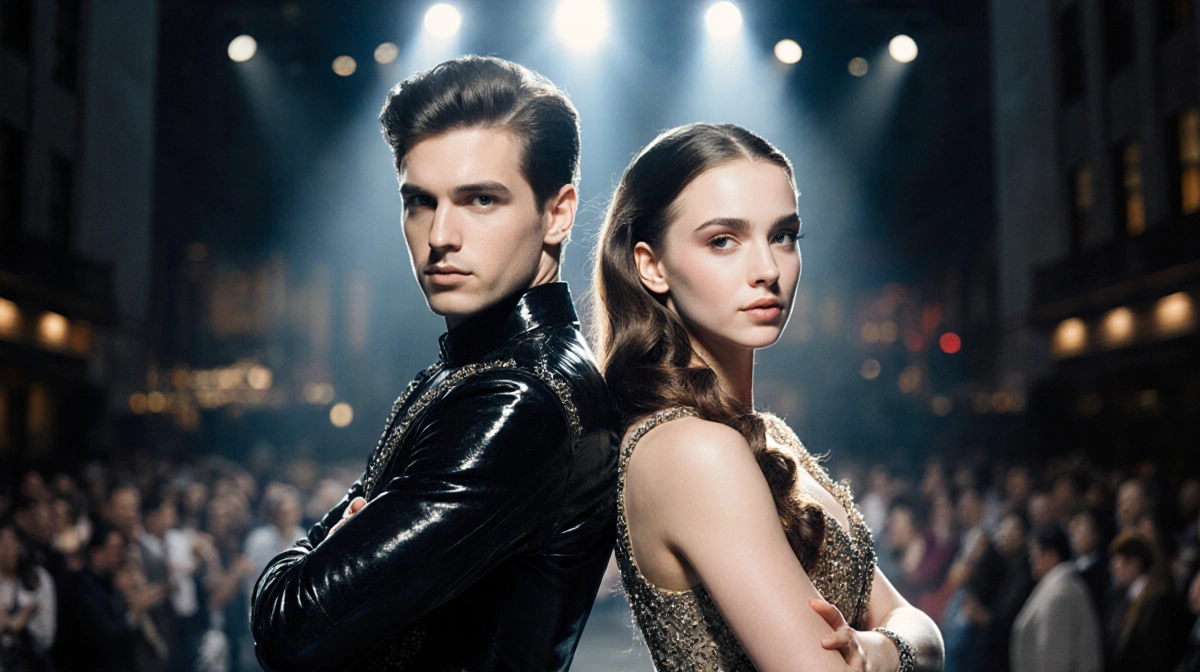 Dylan Mulvaney and Abigail Barlow stand back-to-back in Six costumes with Broadway spotlights shining behind them