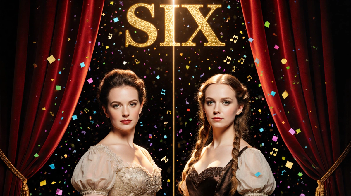 Dylan Mulvaney and Abigail Barlow stand on Broadway stage with Six musical title and confetti swirling around them