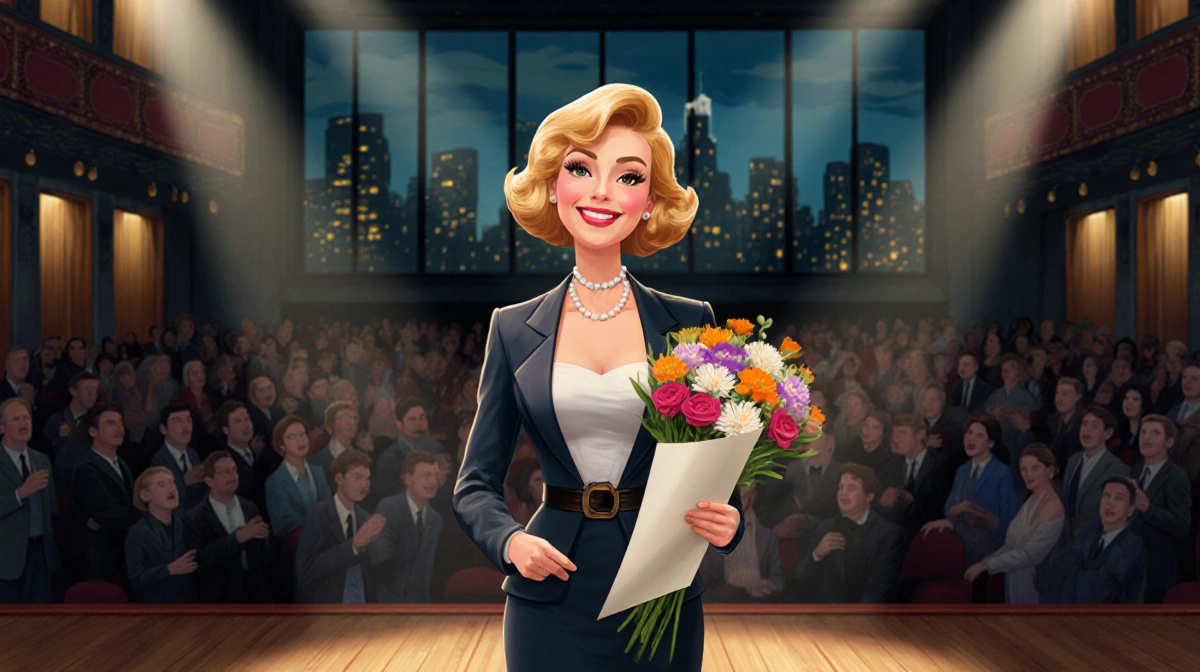 Dylan Mulvaney performing on Broadway stage with bright theater lights and bouquet in hand