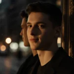 Dylan Mulvaney stands confidently before ornate mirror with city lights reflected behind and subtle smile showing determinati