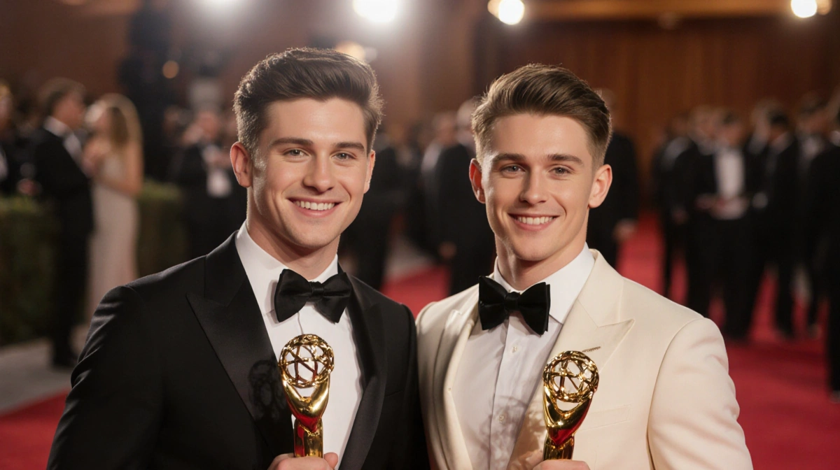 Dylan O'Brien and Tyler Posey holding awards with golden trophies glowing at Astra Film Awards red carpet