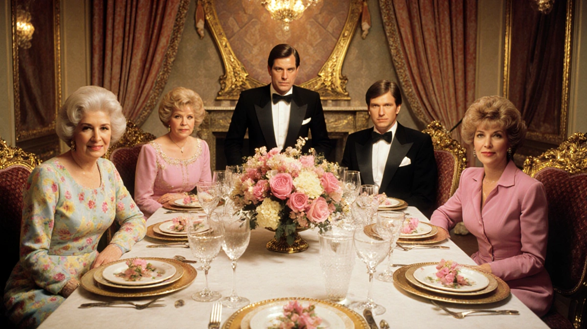 Joan Collins and Heather Locklear share a dramatic moment at an ornate table with fine china and crystal glasses showing 1980