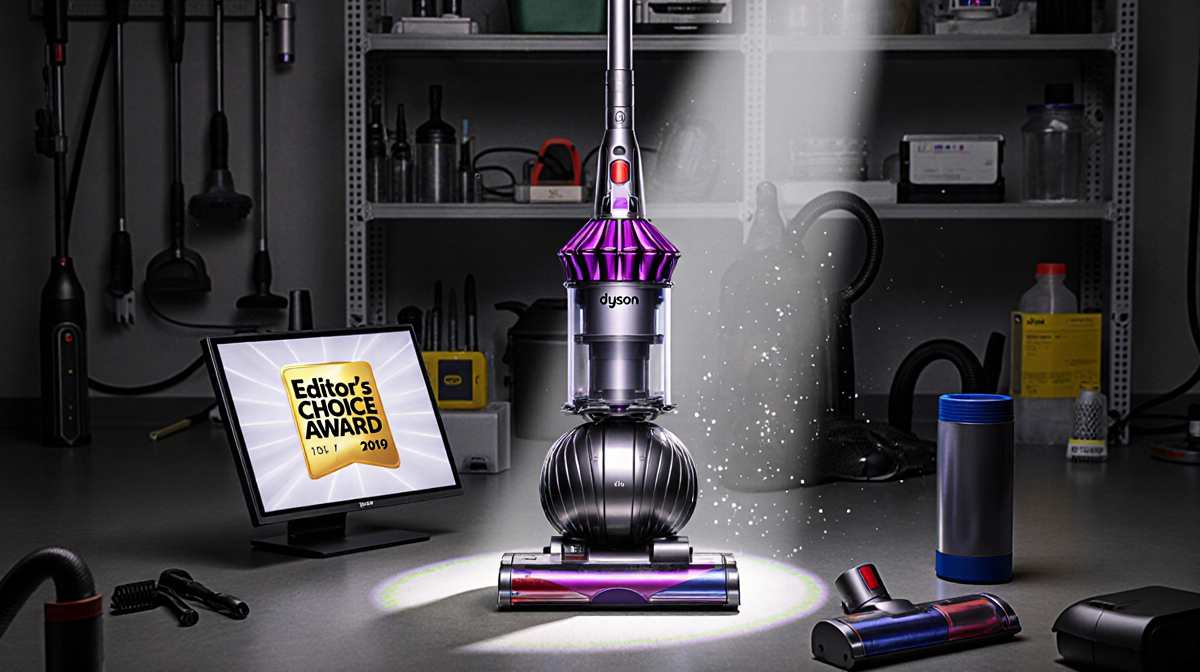 Dyson V15 vacuum glows with spotlight in laboratory Editor's Choice Award logo on nearby screen and dust particles visible.