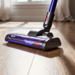 Dyson V15 vacuum cleaner resting on hardwood floor with blue accents and warm natural light highlighting its sleek design